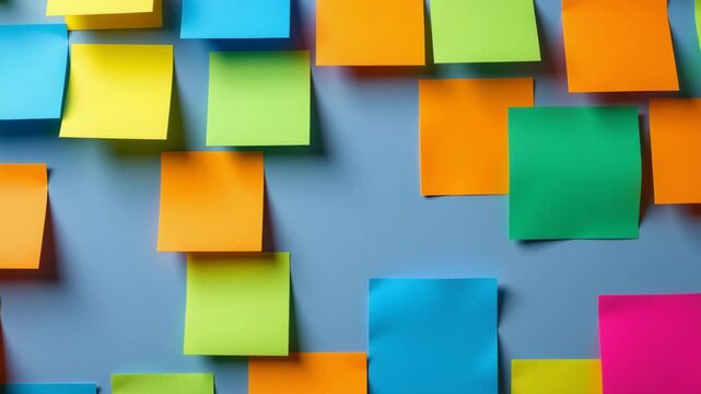 Colorful sticky notes are scattered across a blue background, creating a vibrant, organized pattern.