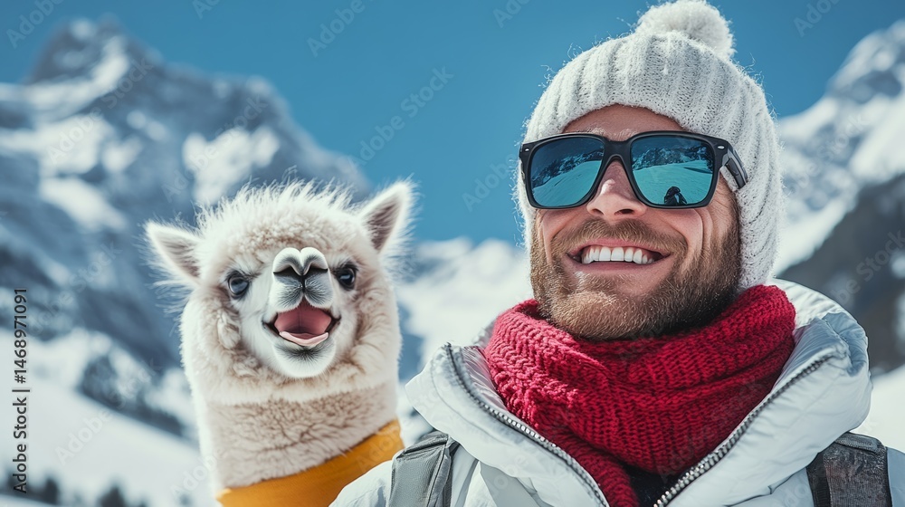 Poster man with a white hat and sunglasses is smiling at a llama. the man and the llama are both smiling, c