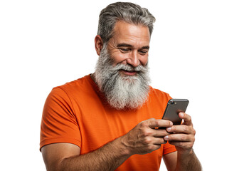 Senior Man with White Beard in Orange Shirt Smiling Joyfully While Using Smartphone, png, without background 