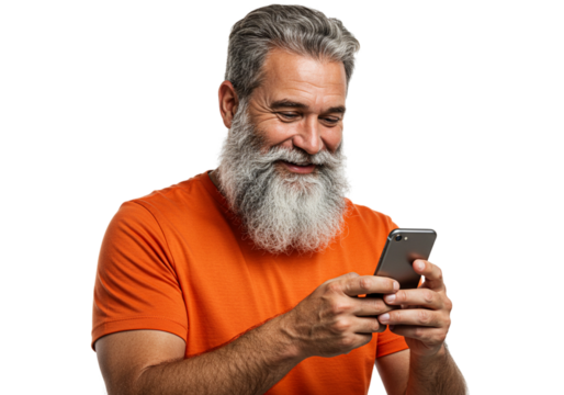 Senior Man with White Beard in Orange Shirt Smiling Joyfully While Using Smartphone, png, without background 