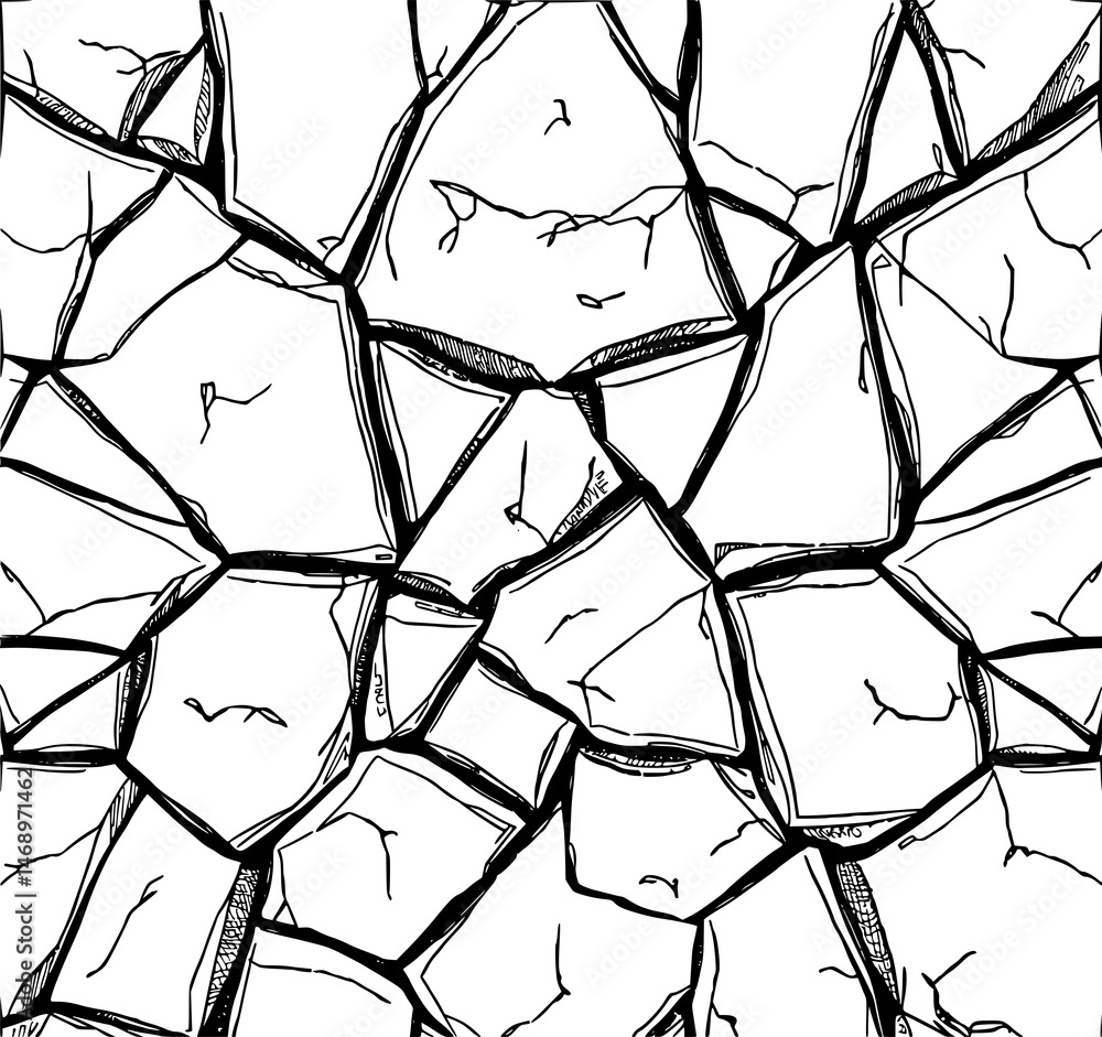 Poster fractured stone pattern: an abstract monochrome illustration of a cracked stone surface, the jagged 