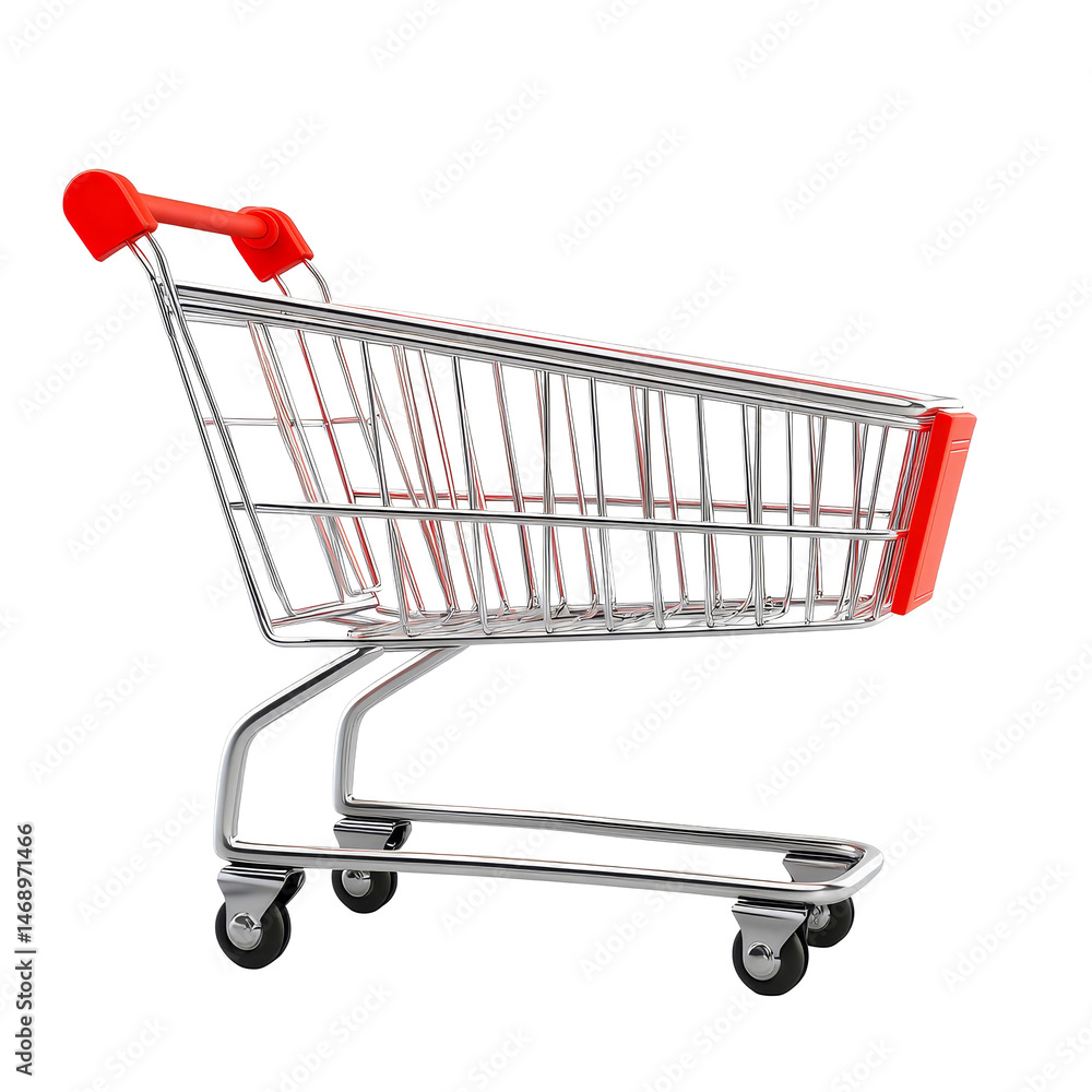 Poster empty shopping cart viewed from the side, isolated on a transparent background for retail and commer
