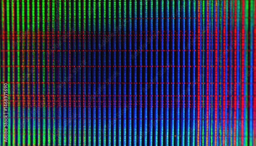 Poster a vibrant, abstract image showcasing a grid of colored lines in green, blue, and red, creating a vis