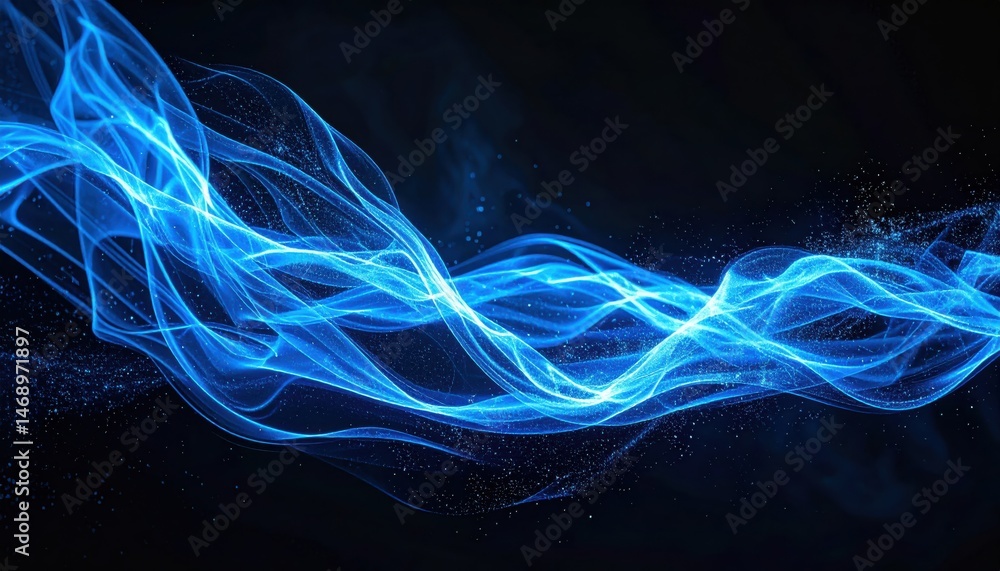 Poster vibrant blue waves of light flow gracefully against a dark background, creating an ethereal and dyna