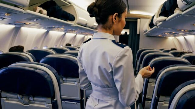 Flight attendant performing safety checks in airplane cabin during preflight preparation
