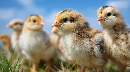 Adorable Baby Chickens Gathered on Spring Grass in Bright Sunshine