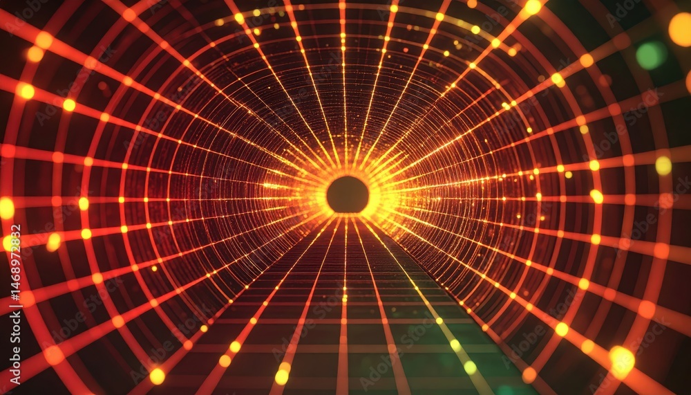 Poster a vibrant tunnel of light with golden and red hues, creating a mesmerizing visual effect that draws 