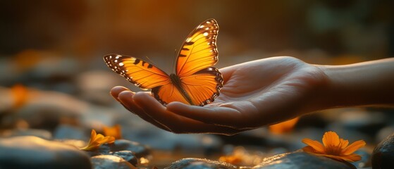 Gentle hand holds a beautiful orange butterfly.