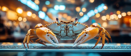 Two cooked crabs displayed in a market.