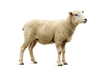 Fototapeta premium Full body view of a sheep standing against a white background in studio lighting