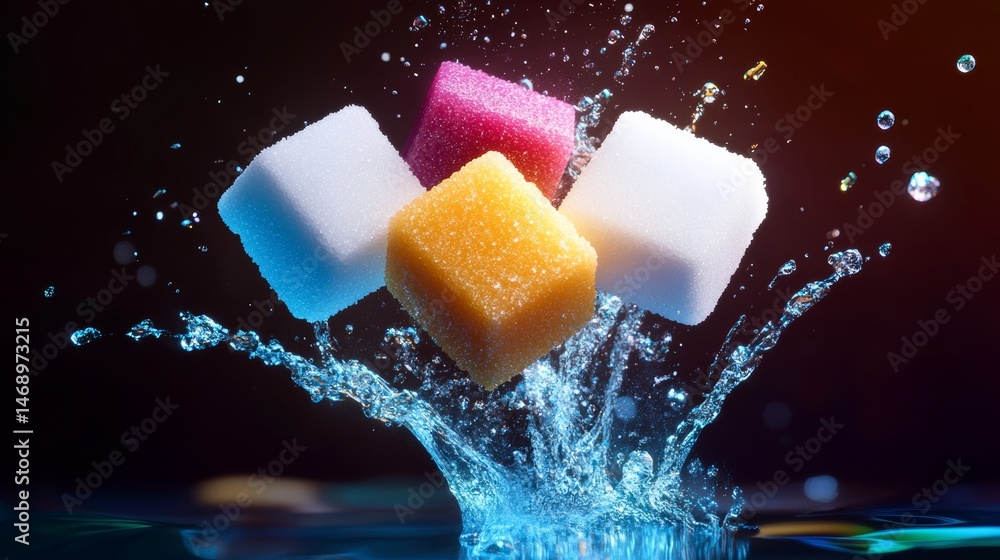 Poster splash of water is falling on a pile of colorful sugar cubes. the cubes are of different colors and 