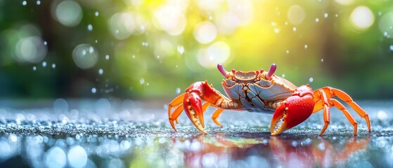 Vibrant crab in a glistening, sunlit environment.
