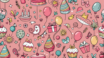 Playful Birthday Party Vector Pattern with Cakes and Balloons.