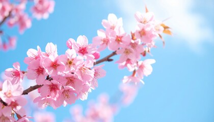 Obraz premium Delicate pink cherry blossoms bloom against a bright blue sky, symbolizing spring and beauty in nature