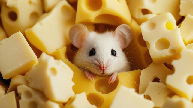 Cute mouse amidst cheese chunks, studio shot