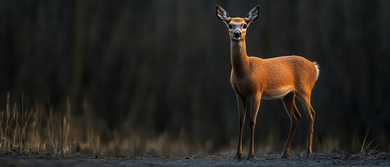 Solitary fawn in a dark forest.