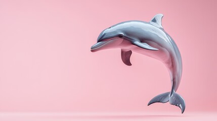 A leaping dolphin against a pastel pink background.