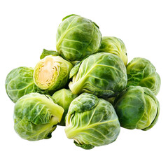 Fototapeta premium Fresh Brussels sprouts grouped together on a pristine transparent background ready for cooking and healthy meals, Group of Brussel Sprouts isolated on transparent background