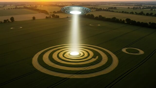Bright UFO beam targeting a crop circle in a large green farmland under daylight sky
