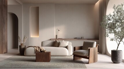 Fototapeta premium Warm Minimalist Living Space with Neutral Tones and Natural Elements