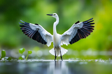 Fototapeta premium A white bird with its wings spread out in the water