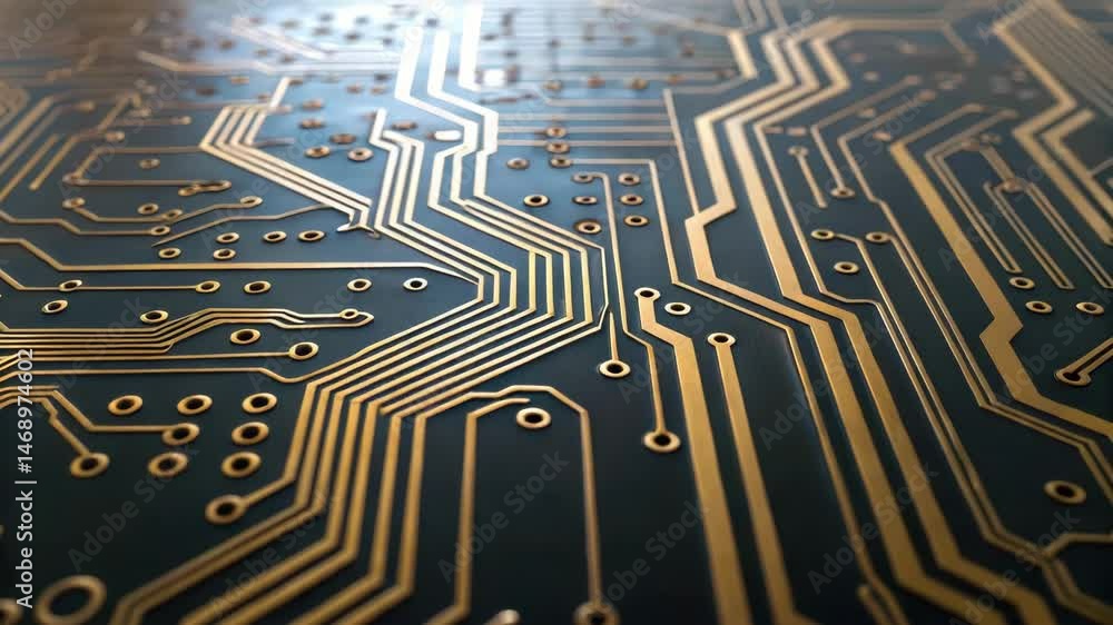 Aufkleber a close-up view of a circuit board showcasing intricate gold pathways and electronic components agai