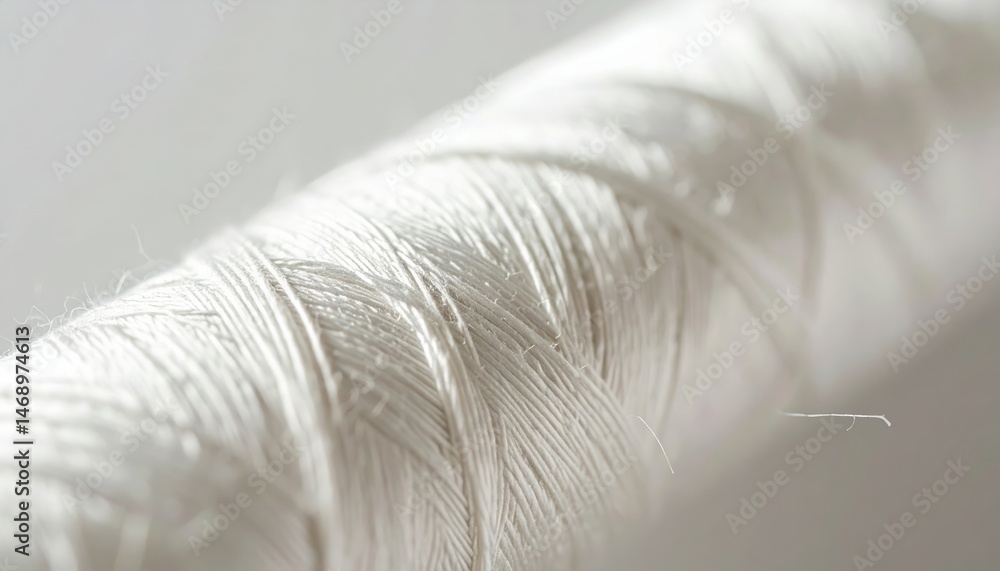 Poster a close-up of a white thread spool, showcasing the fine texture and intricate winding of the thread 