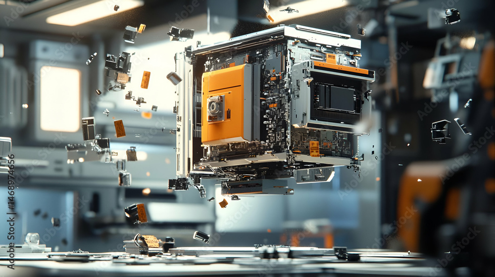 Poster disintegrating orange and grey metallic cube: futuristic 3d render