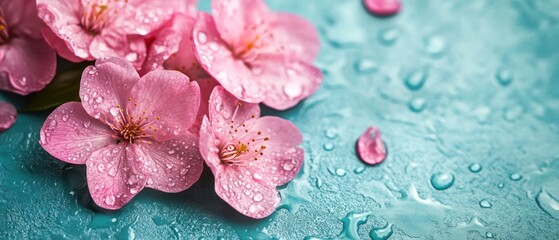 Dew-kissed pink blossoms on teal, water droplets background