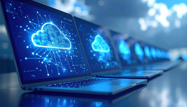 Multiple laptops display a blue cloud interface, representing data connectivity and cloud computing technology in a modern workspace