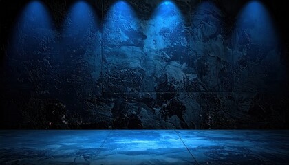 Obraz premium A dark, textured wall illuminated by cool blue lights, creating an atmospheric and moody setting, perfect for artistic presentations or photography