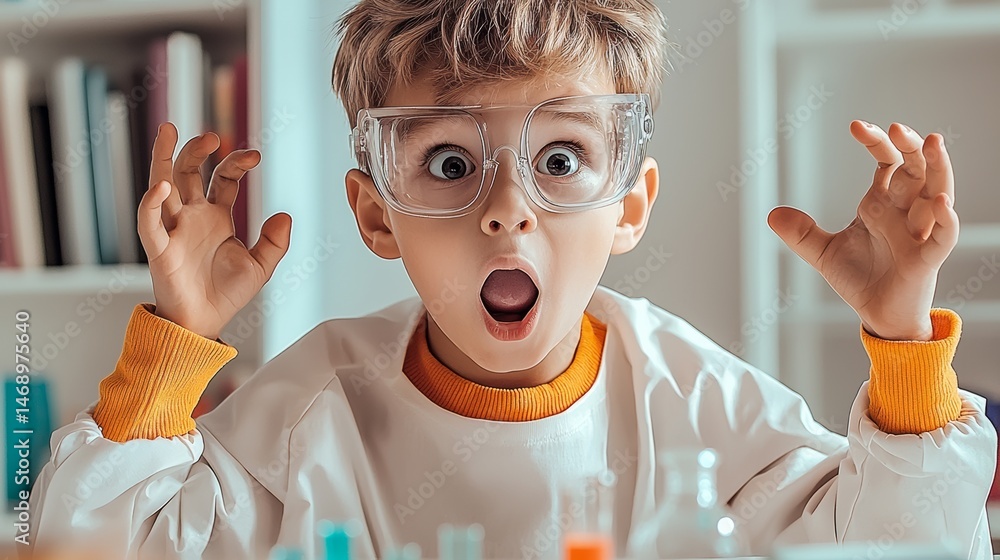 Aufkleber young boy wearing a lab coat and glasses is looking surprised. he is standing in front of a table wi