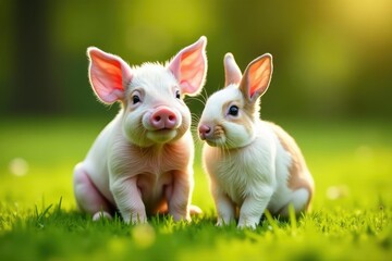 A playful pig and rabbit sit side-by-side in a grassy field , field, wildlife