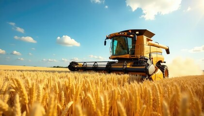 Obraz premium A powerful combine harvester harvests a golden wheat field under a bright summer sky , machinery equipment, agricultural industry