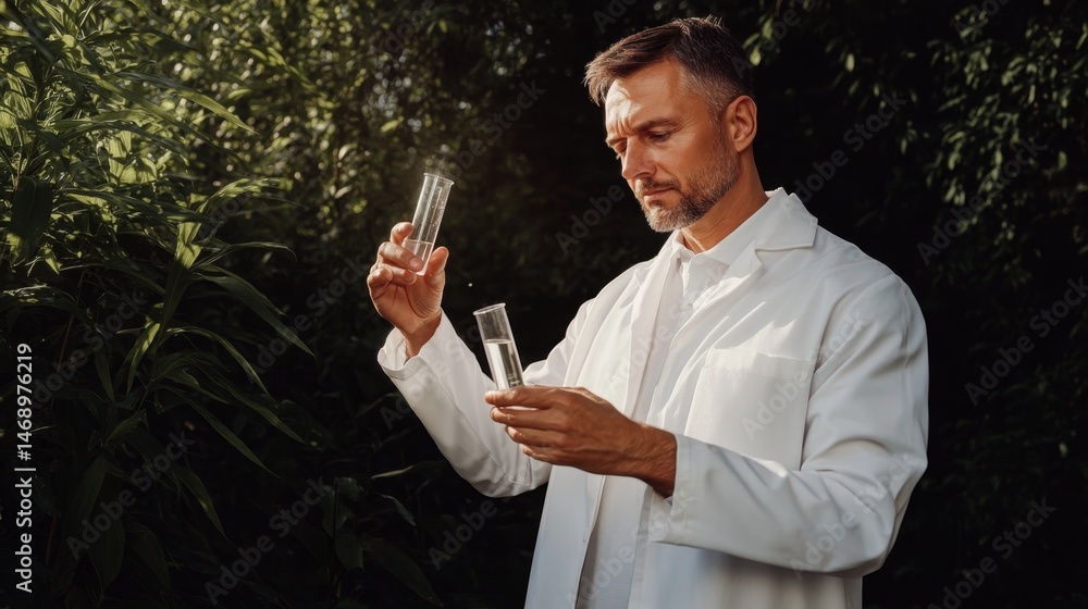 Poster scientist examining test tubes in natural setting during daytime experiment in outdoor lab