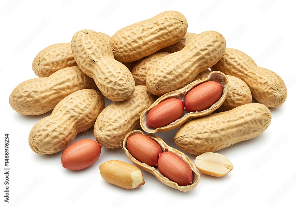 Poster pile of peanuts with shells and kernels on a white background