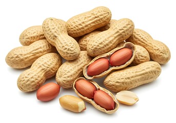 Pile of peanuts with shells and kernels on a white background