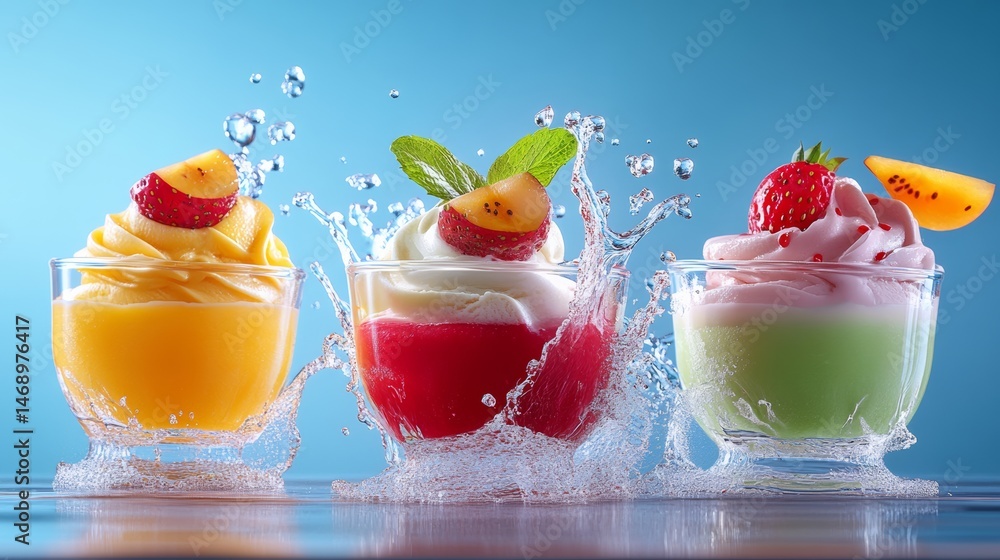 Poster three colorful drinks with fruit on top are splashing water. the drinks are in glasses and are arran