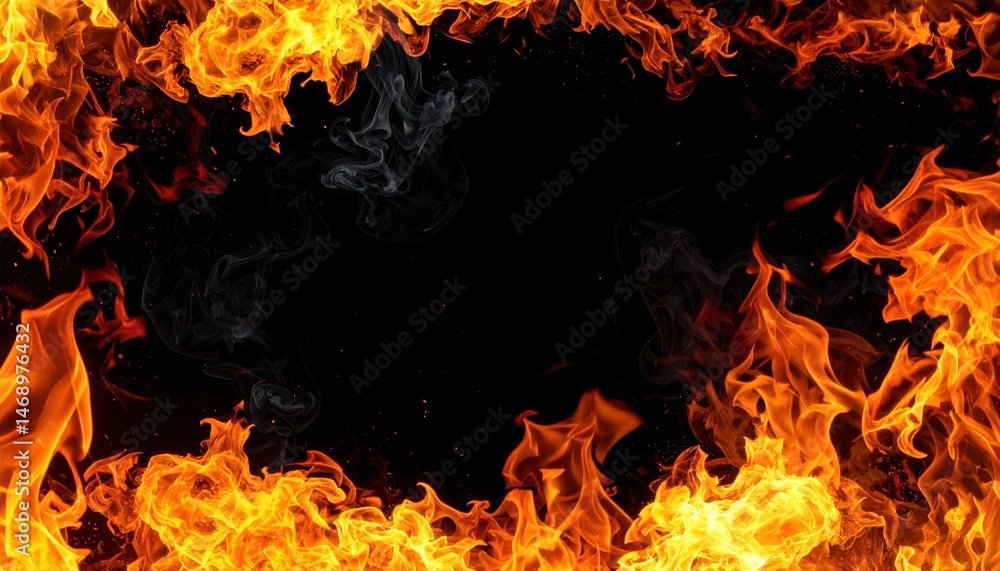 Poster flames dance around a dark center, creating a vibrant border of fire and smoke, evoking warmth and i