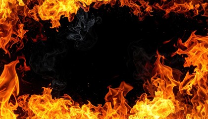 Flames dance around a dark center, creating a vibrant border of fire and smoke, evoking warmth and intensity in a captivating visual display