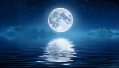 Full Moon Reflected on Water Surface at Night, Tranquil and Gentle Moonlight, High-Resolution / 水面に映る満月、夜の静寂と優しい月光、高解像度