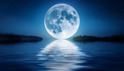 Full Moon Reflected on Water Surface at Night, Tranquil and Gentle Moonlight, High-Resolution / 水面に映る満月、夜の静寂と優しい月光、高解像度
