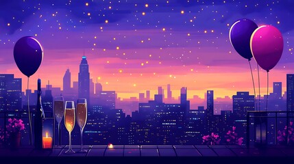 Rooftop Celebration with City Skyline.