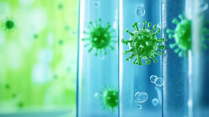 Germs laboratory setting, showcasing green microorganisms blue environment, evoke sense of scientific exploration and concern