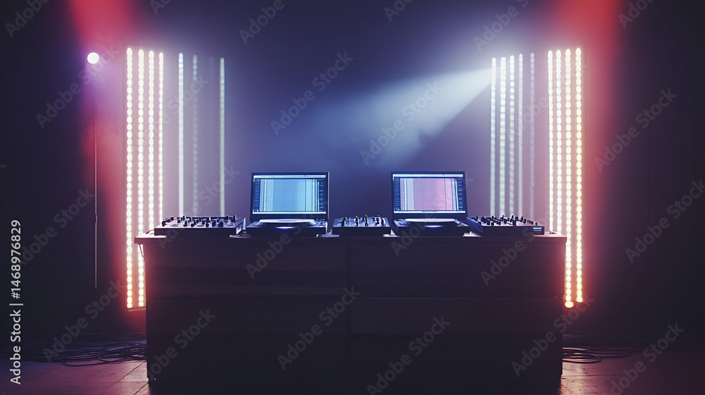 Poster dual computer setup in a dark studio with neon lighting