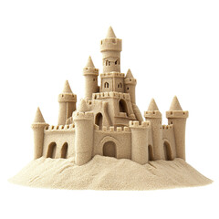 A beautifully crafted sandcastle stands tall against a stark transparent background evoking beach memories, Beach sandcastle isolated on transparent background