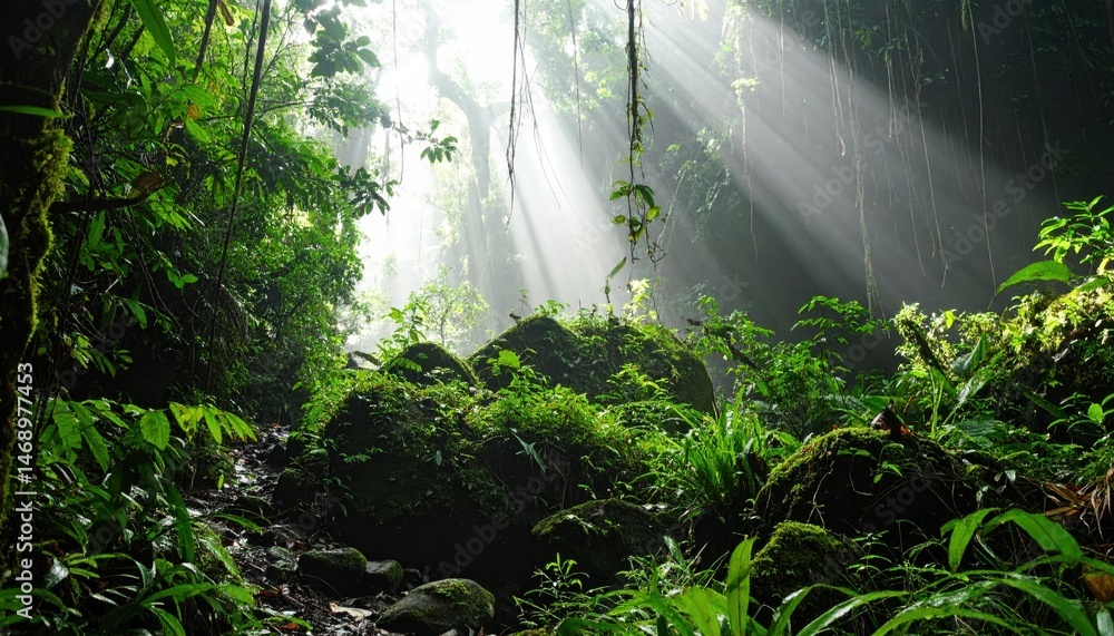Poster lush greenery fills the forest, illuminated by beams of sunlight filtering through the trees, creati