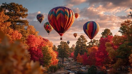 Fototapeta premium Colorful hot air balloons float above a vibrant autumn landscape. Crisp fall foliage surrounds a flowing stream