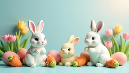 Adorable pastel Easter bunny decorations, perfect for spring celebrations Charming bunny figurines, eggs, carrots, and floral accents , adorable, bunny rabbit