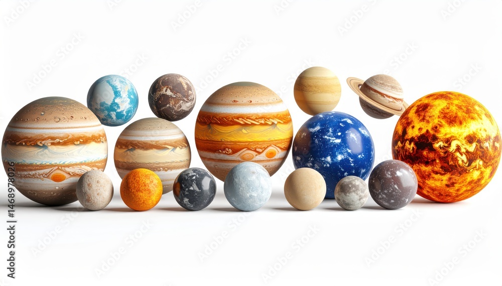 Poster colorful representations of the solar system's planets arranged in a row, showcasing their distinct 